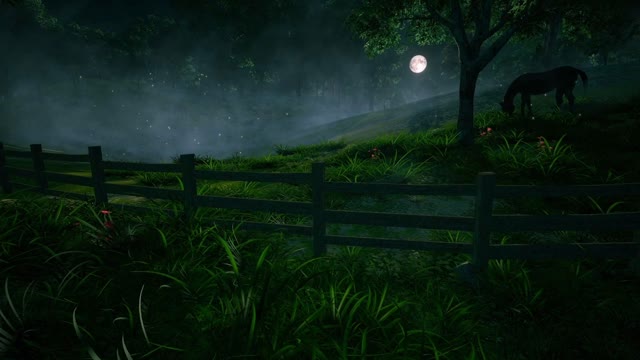 Green Pastures (Night) - 1 Hour | Ambient Scene for Relaxing, Sleeping, Studying, and Writing