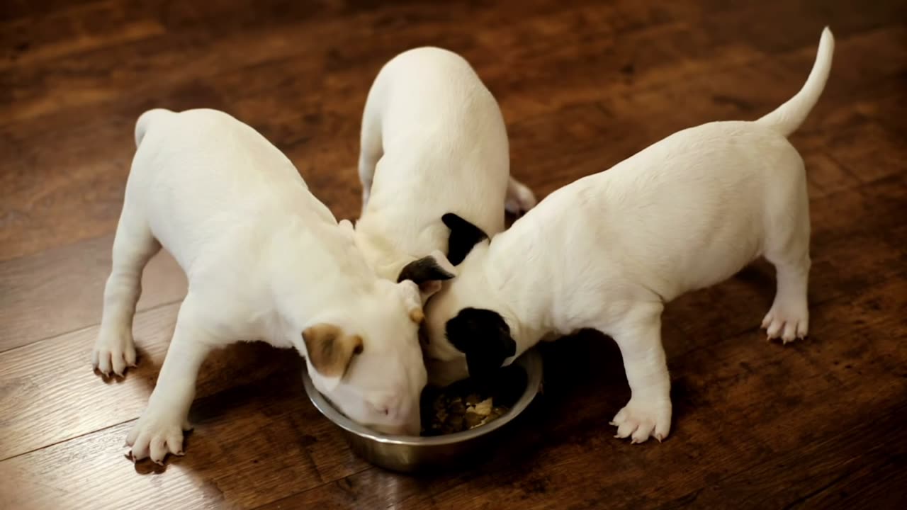 Puppies, cute and hungry feeding together