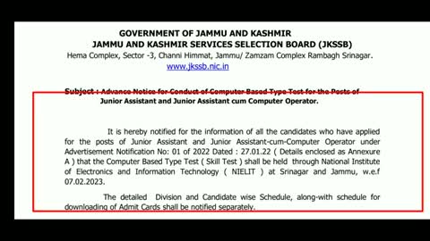 JKSSB NEW ADVANCE EXAM NOTICE OUT