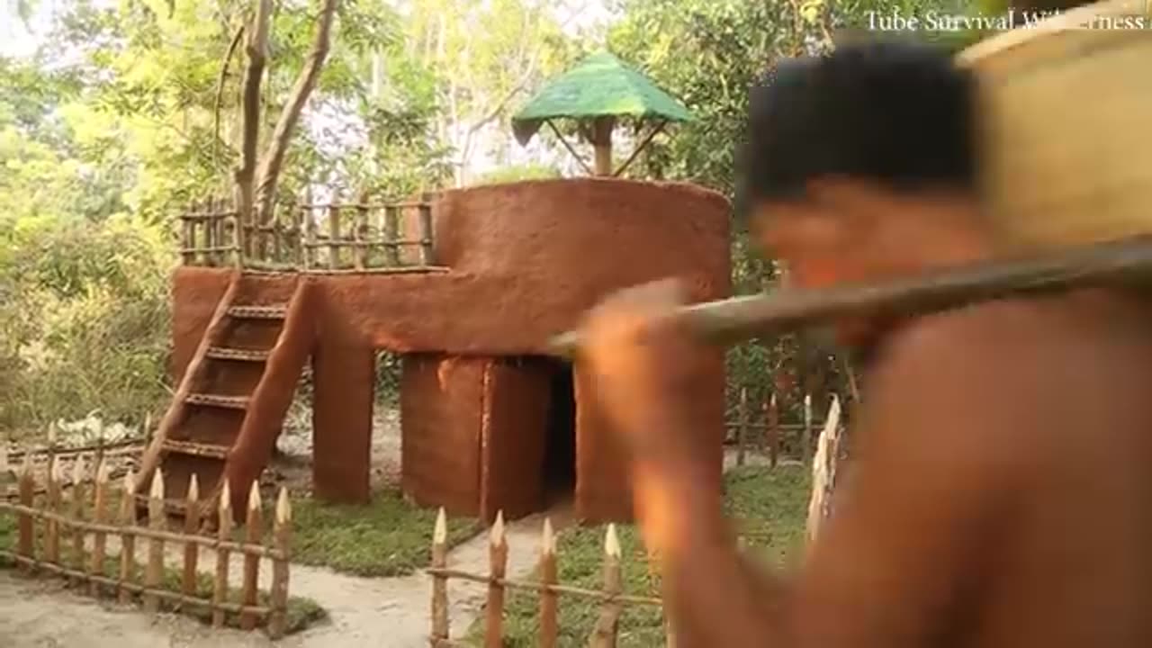 Building Amazing Red House& Beautiful swimming pool Connect with waterfall From Mountain