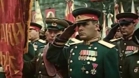 1945 Victory Day parade in Moscow, in colour dubbed in English.