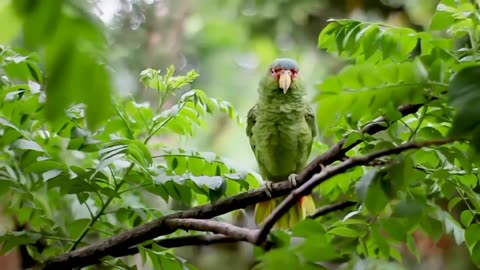 Green Bird Perched on Tree Branch