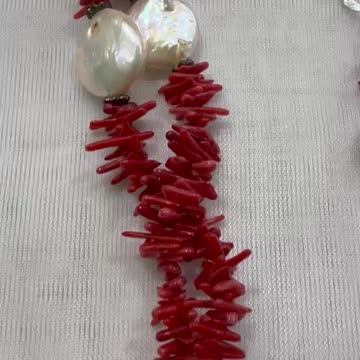 Coral Necklace with Freshwater Coin Pearl + Earrings. Party. Event. Banquet.