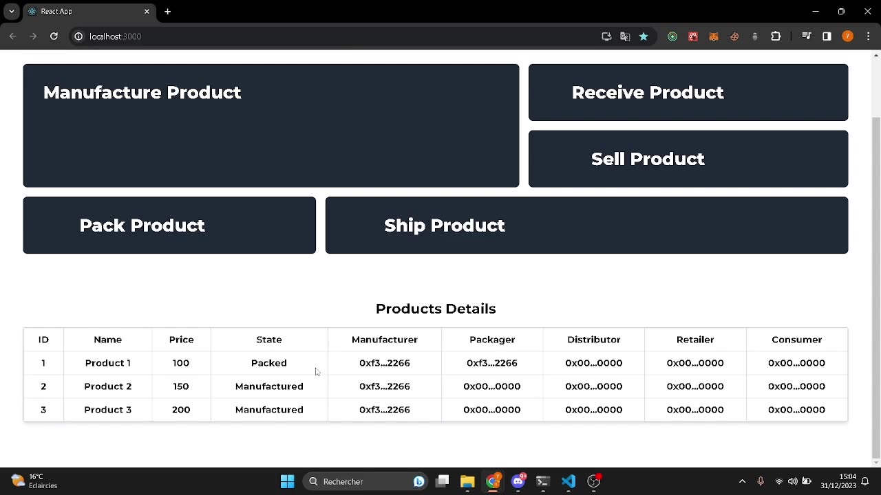 Code supply chain dapp using (solidity, react, hardhat, ethers, redux, javascript)