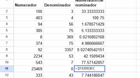 Error de división entre 0 en google sheets