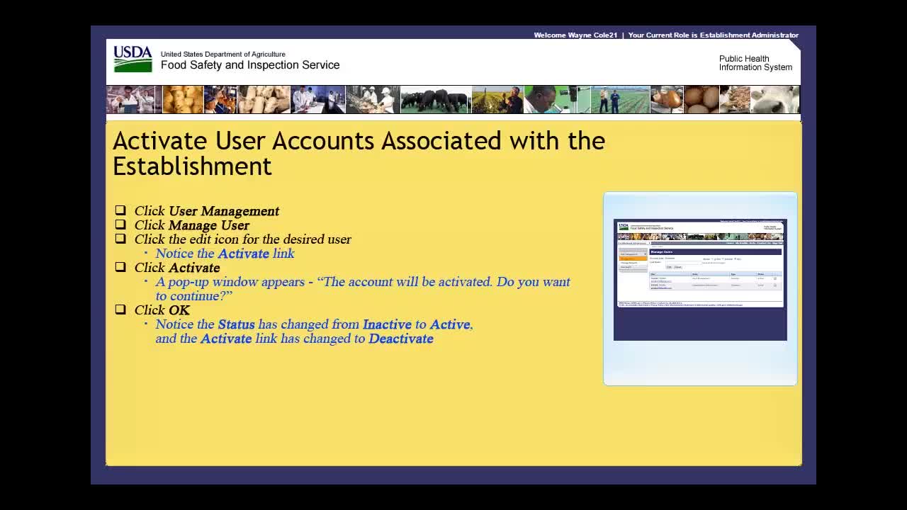 Activate User Accounts Associated with the Establishment