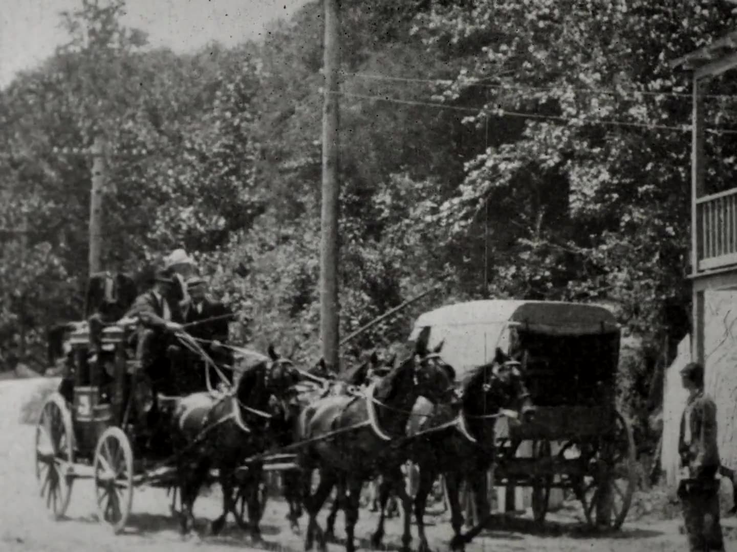 Coach Exchanges Mail At Rural Post Office, United States Postal Office (1903 Black & White Film)