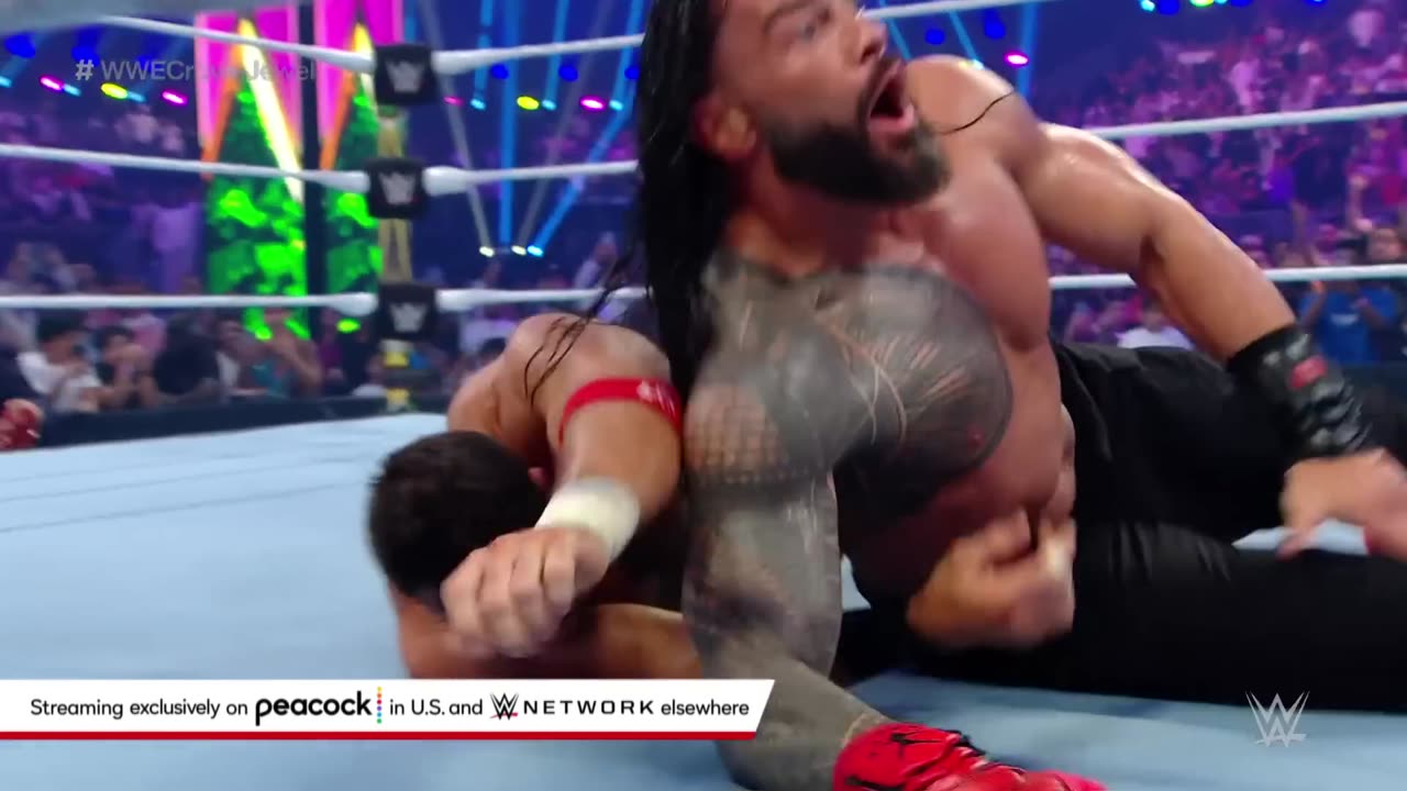 LA Knight miraculously kicks out of Roman Reigns Spear_ WWE Crown Jewel 2023 highlights