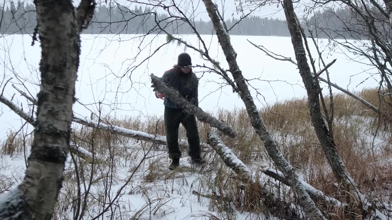 6 Days Winter Camping: Frozen Lake ICE FISHING (Narrated) Survival Shelter