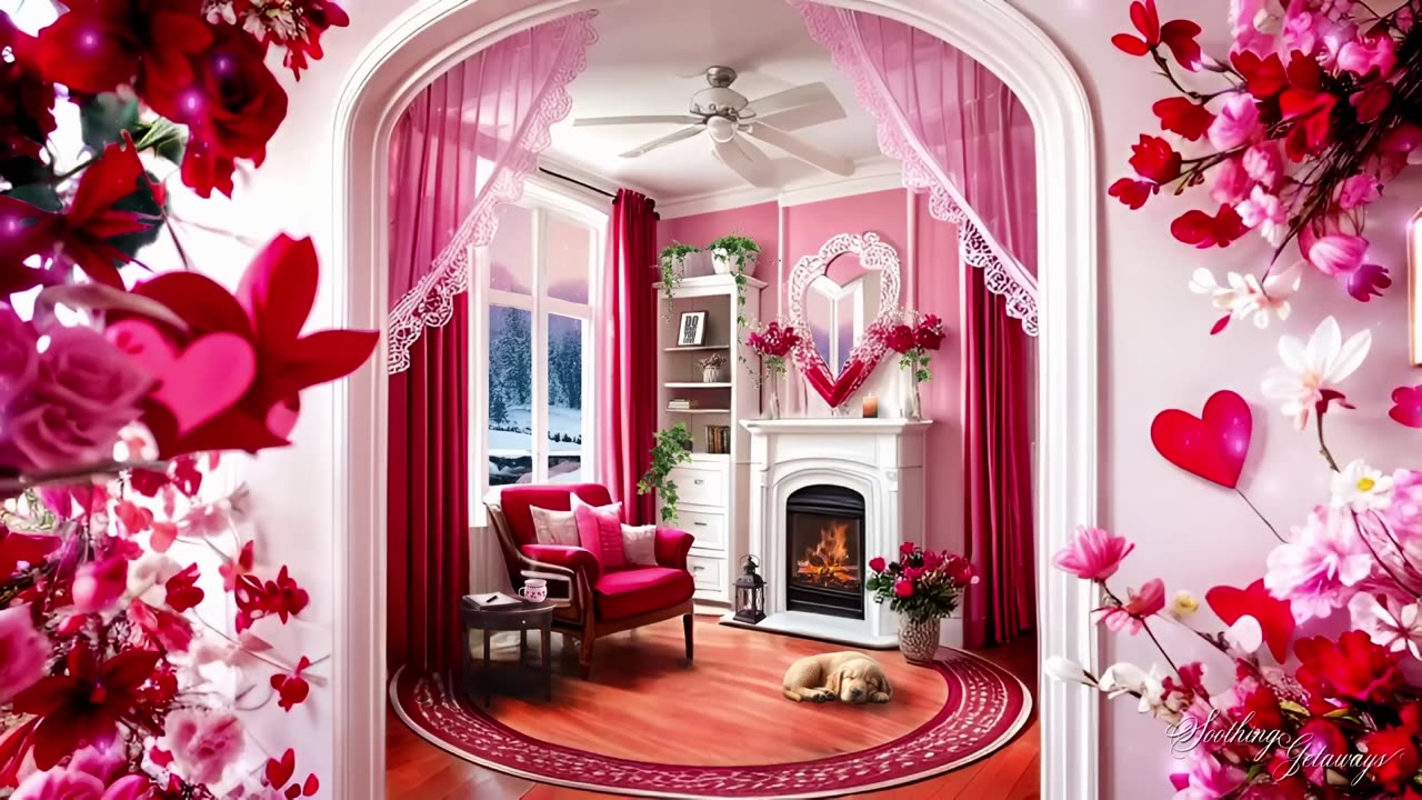 385. Cozy Valentine Fireplace Ambience Sleeping Puppy, Hearts & Sparkles