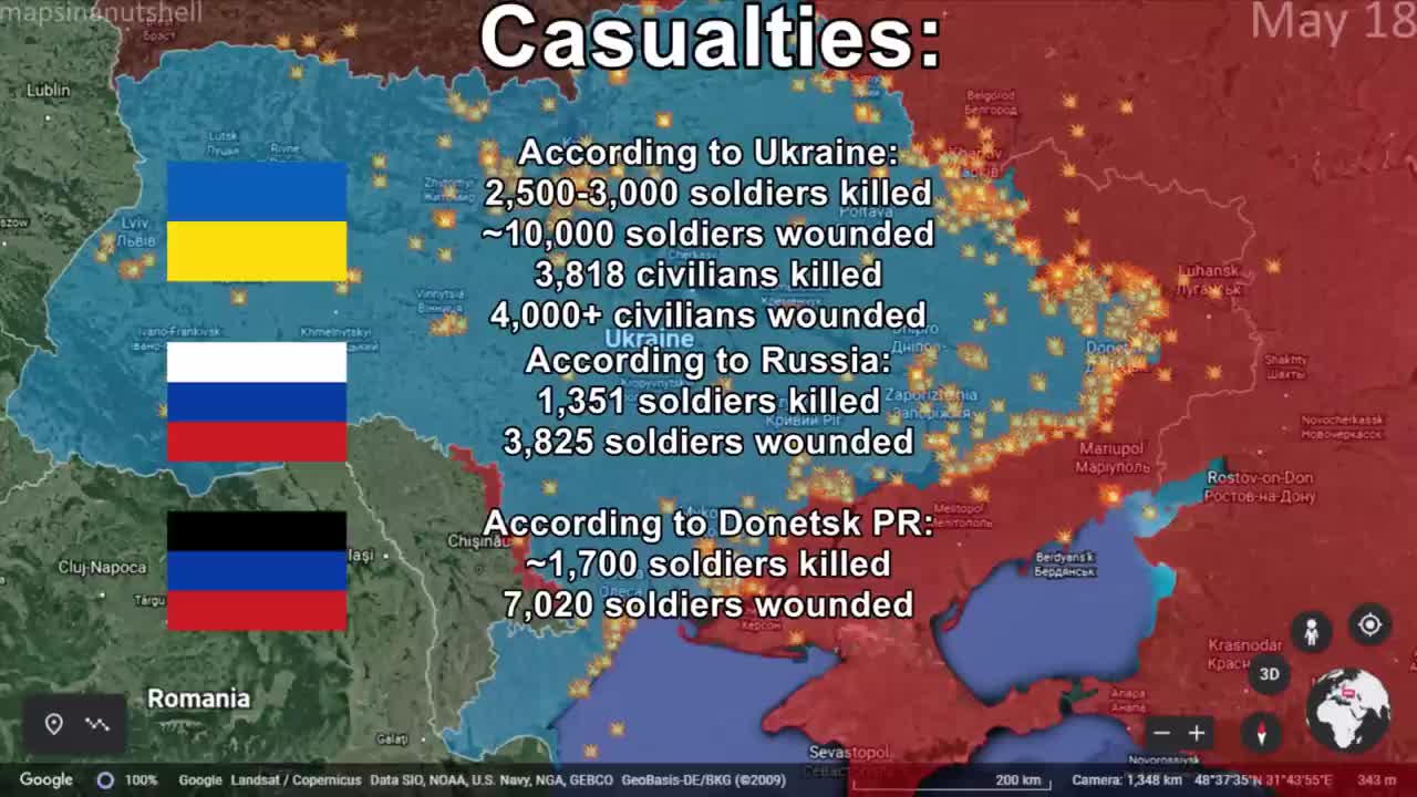 Russo-Ukrainian War First 3 Months Mapped using Google Earth