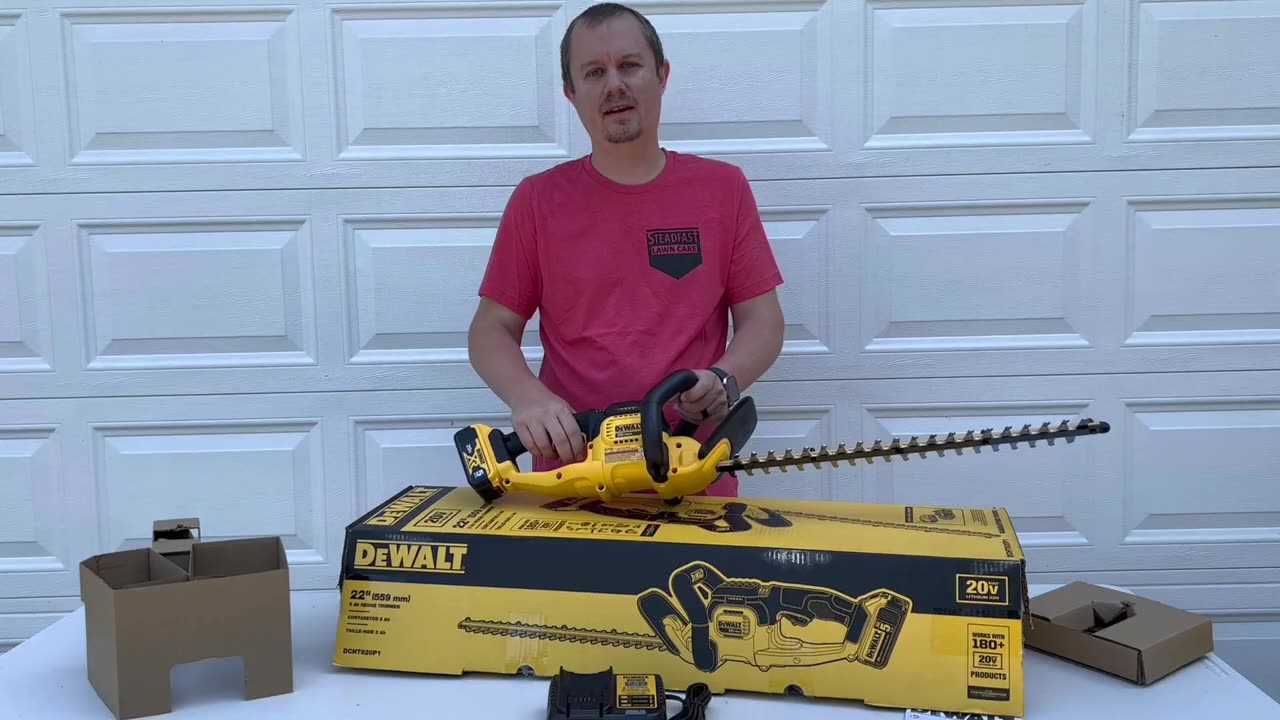 Unboxing Dewalt’s 22 in. 20V MAX Lithium-Ion Cordless Hedge Trimmer, 5.0Ah Battery, and Charger.