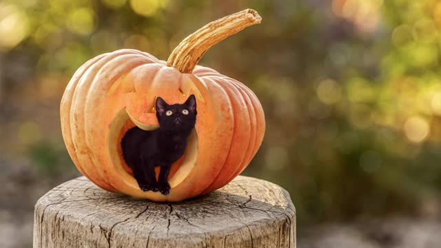 A beautiful black cat plays inside a pumpkin