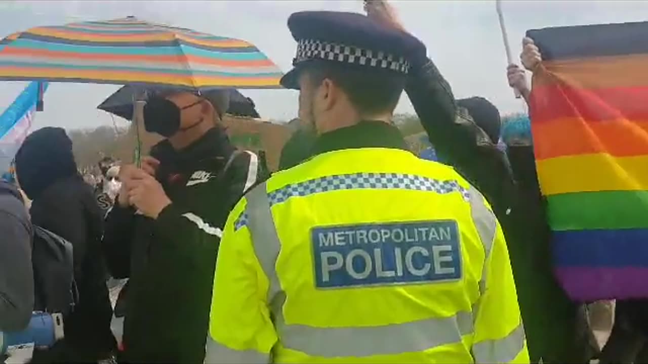 A close-up of the Antifa members who attempted to disrupt the LetWomenSpeak rally in Hyde Park