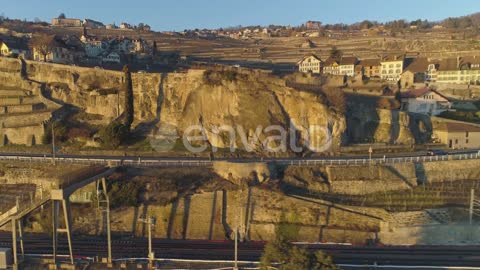 Terraced Vineyards on Lake Geneva at Sunset. Switzerland. Aerial View