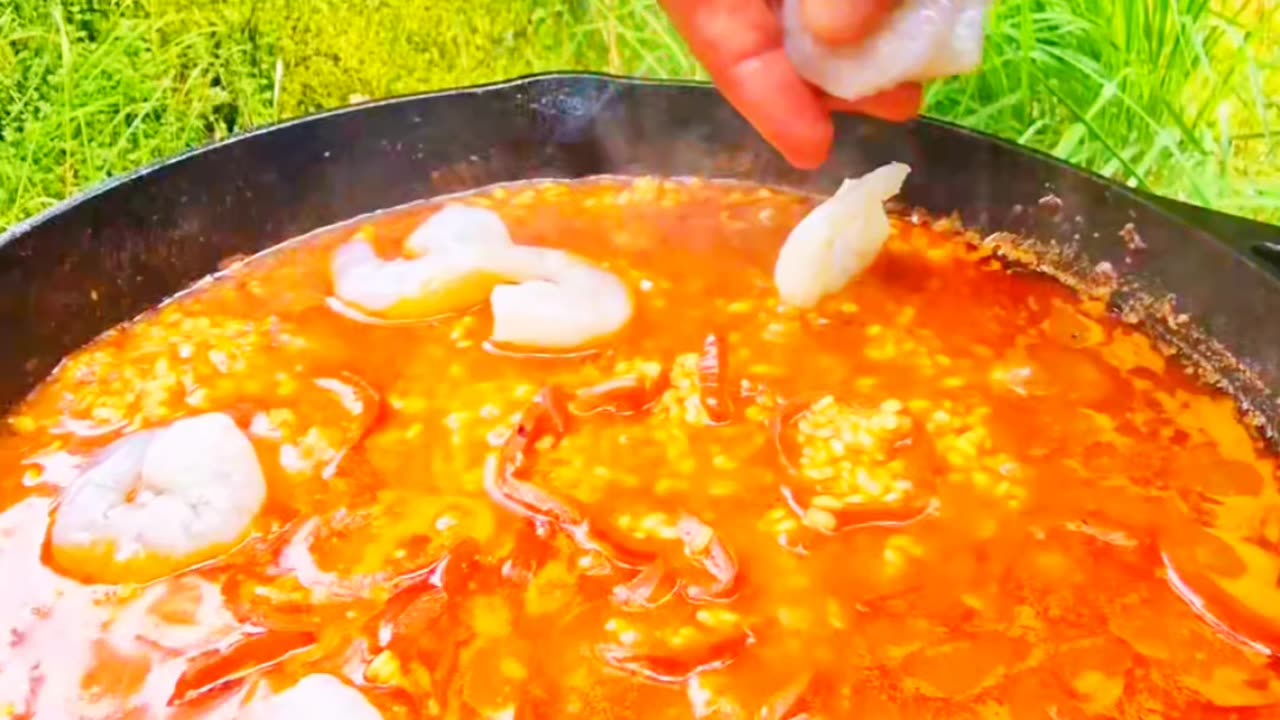 Seafood in a beautiful green forest on a fire