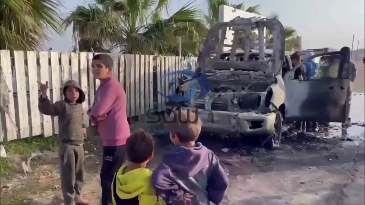 The vehicle of world central kitchen which was bombed by the occupation forces in Deir Al Balah