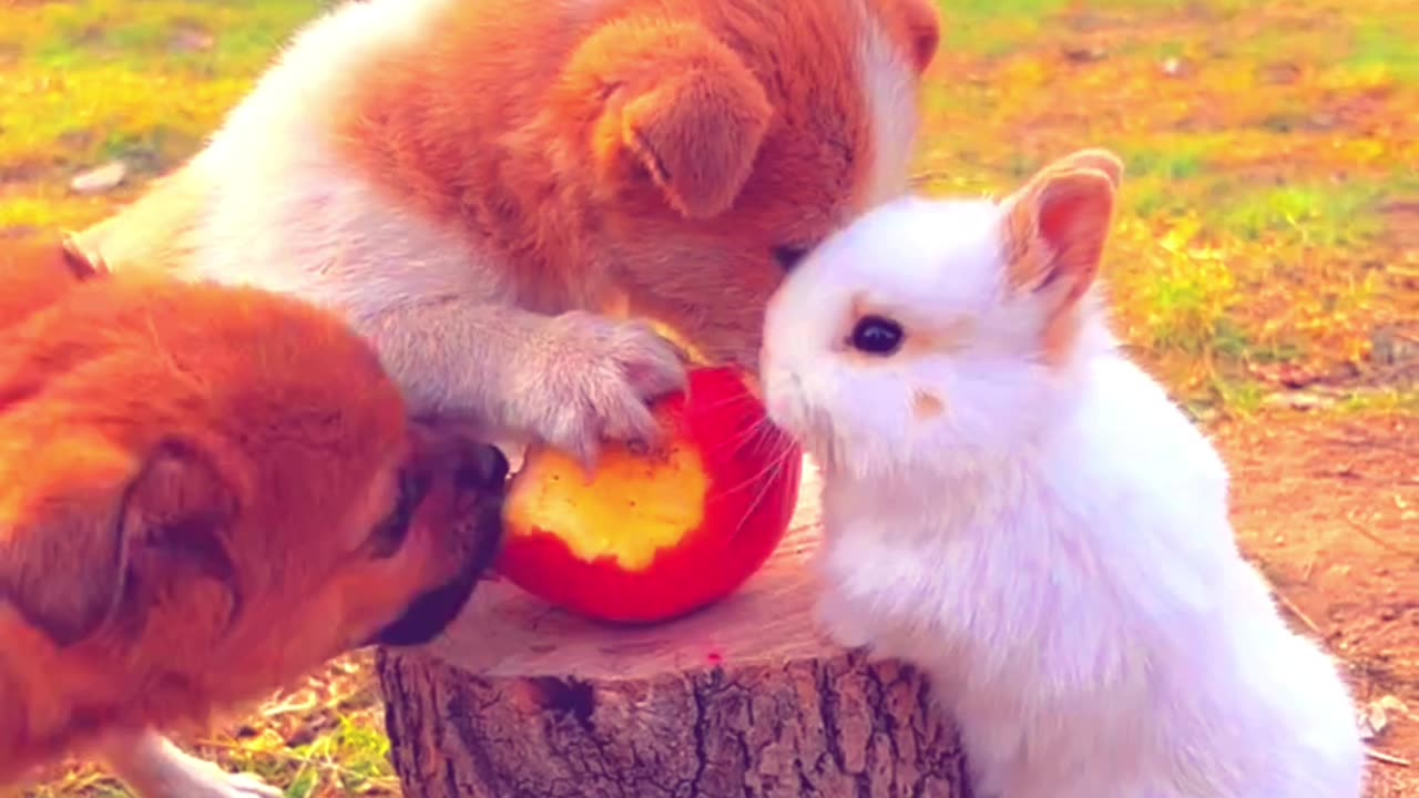 Rabbit and two puppies are fighting for an apple🤣🤣🤣🤣🤣