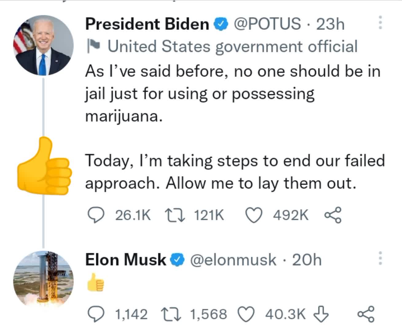 Elon Musk replied in President Biden's tweet about Marijuana : 👍