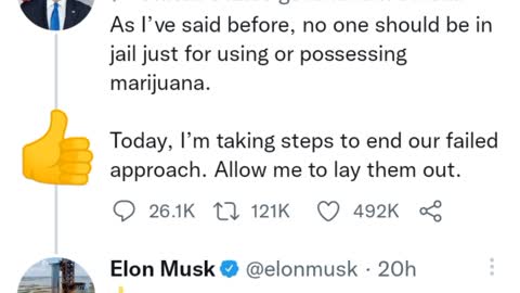 Elon Musk replied in President Biden's tweet about Marijuana : 👍