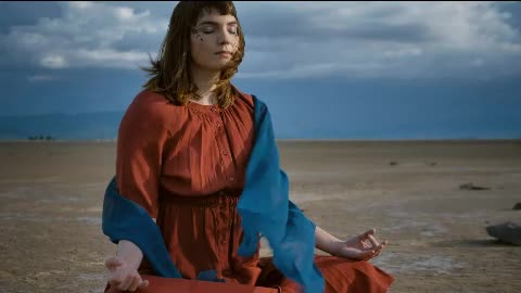 Girl meditating under the wind in the desert