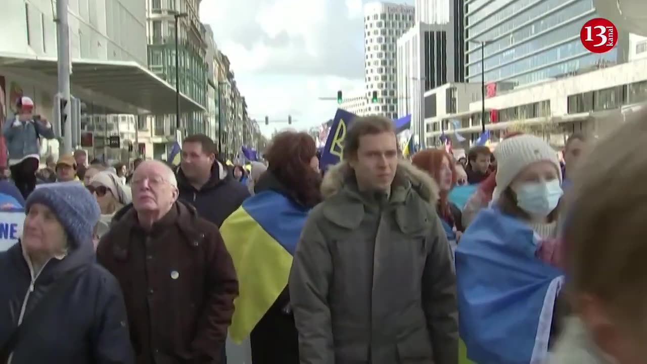 Demonstrators in Brussels march for Ukraine on invasion anniversary