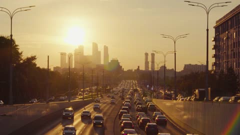 Road Movement Sunset Sun Moscow Horizon Sky City HQ