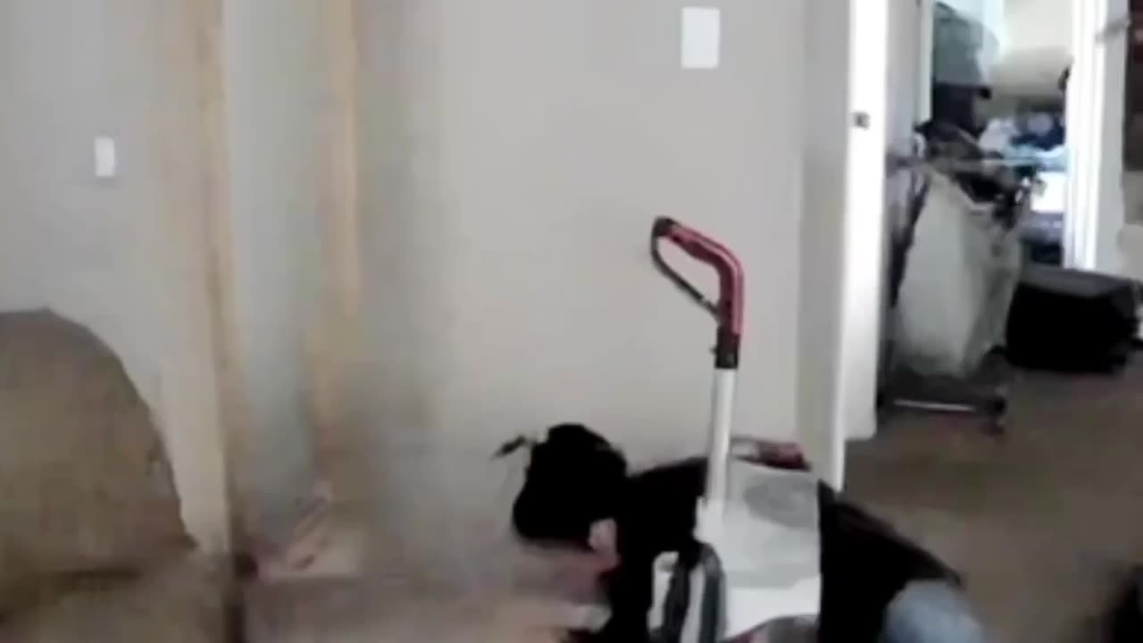 chick trips over and takes out the vacuum.
