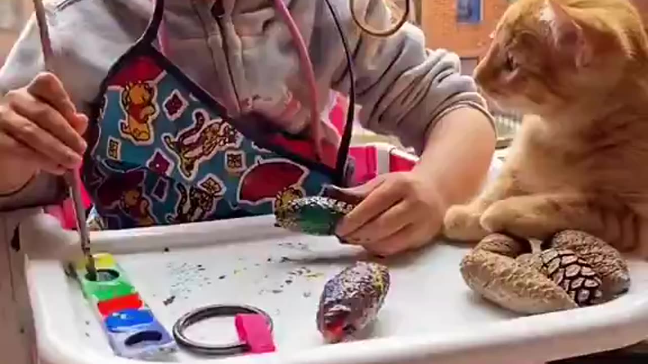 Orange kitty is confused about what the little girl is doing 😻🧡