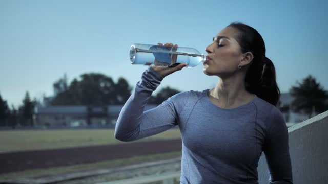 Woman drinks from water bottle