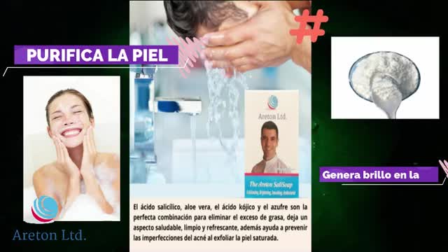 El jabón de ácido salicílico Areton con ácido kójico, azufre, aloe vera para el cuidado de la piel