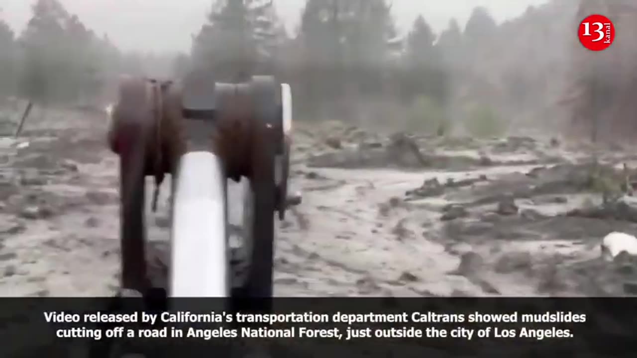 Mud blankets forest road as Tropical Storm Hilary hits California