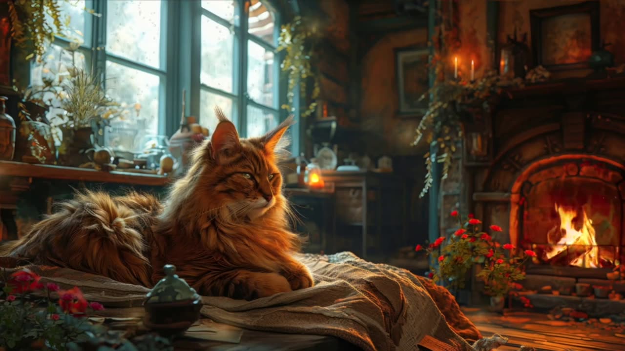 the Cat-Fireplace-Rain and Music in Sweet House AI video