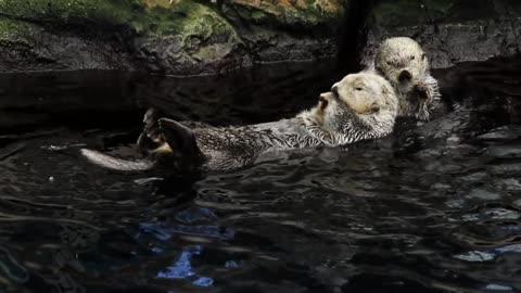 Sea otters swimming