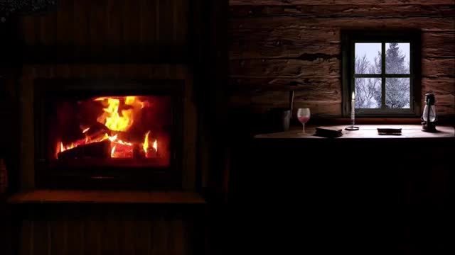 Fireplace in cozy chalet. Window with snow and storm, classical music. Relaxation.