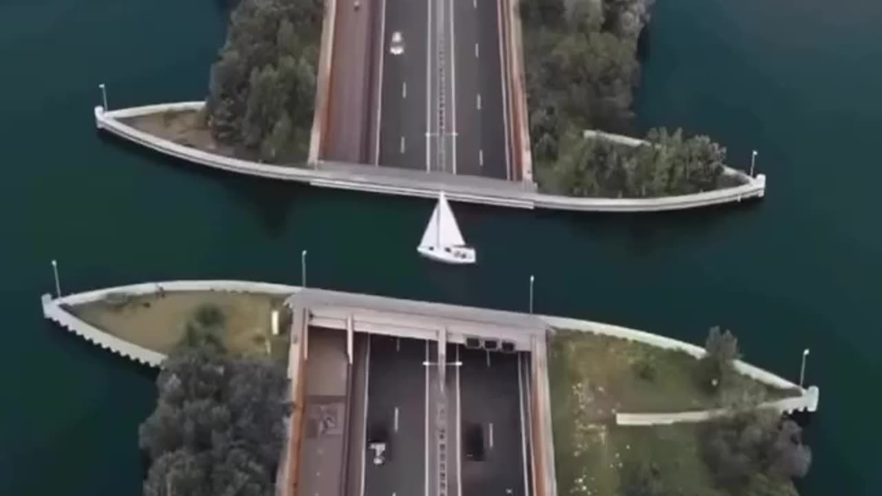 The Veluwemeer Aqueduct, also known as "the water bridge," allows ships to
