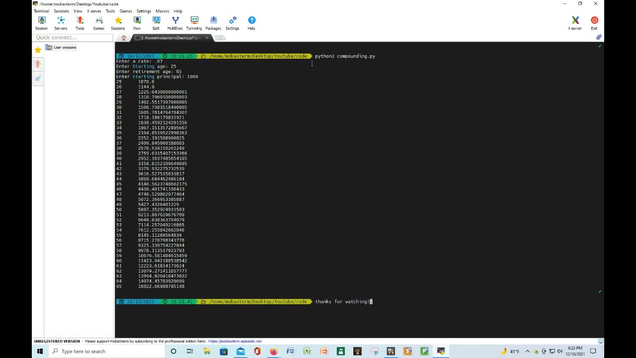 Compounding interest program using Python and Mobaxterm