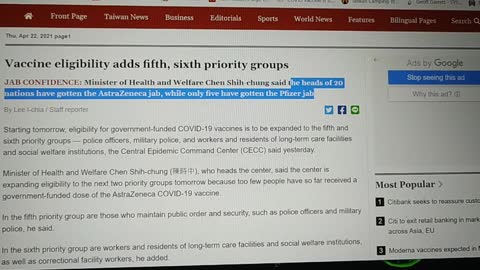 Taiwan say AstraZeneca vaccine safe because the heads of 20 nations have taken it....while only five have gotten the Pfizer jab