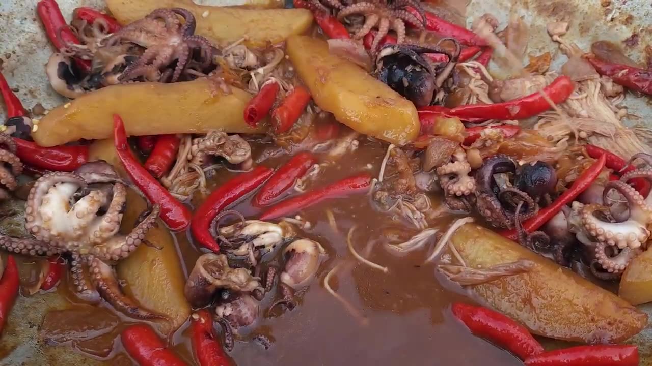 Cooking Octopus curry with Mushroom using spicy recipe and eating delicious in forest