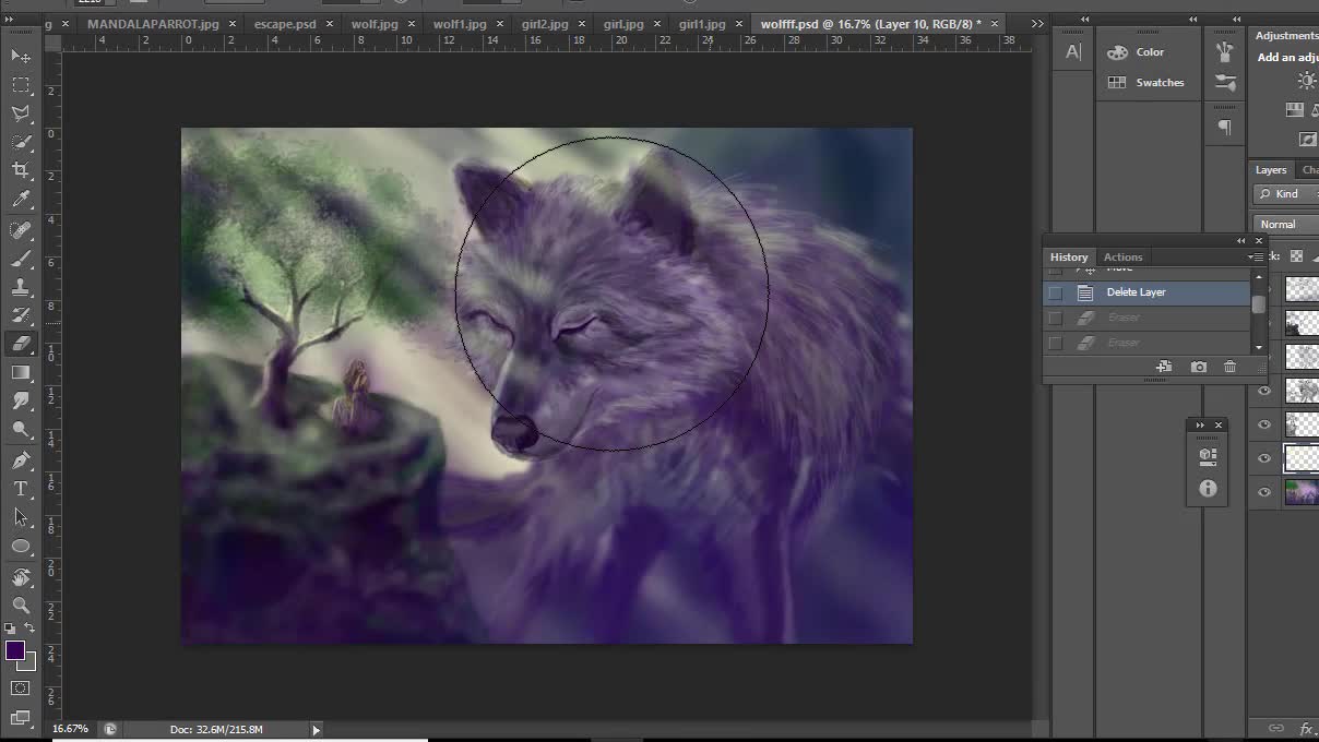 Spirit wold and girl in forest Digital speed painting