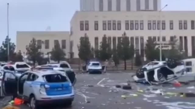 Kazakhstan, Almaty - All parked police cars destroyed.