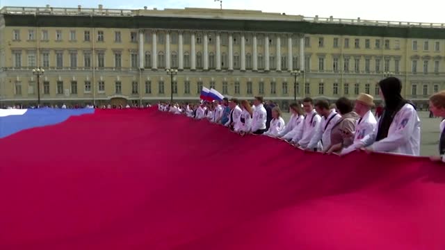 Russians unfold giant national flag ahead of Belgium game