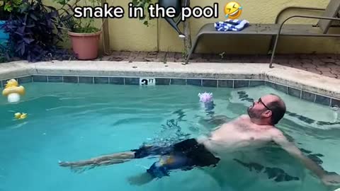 My husband living his best life right before he noticed there was a snake in the pool