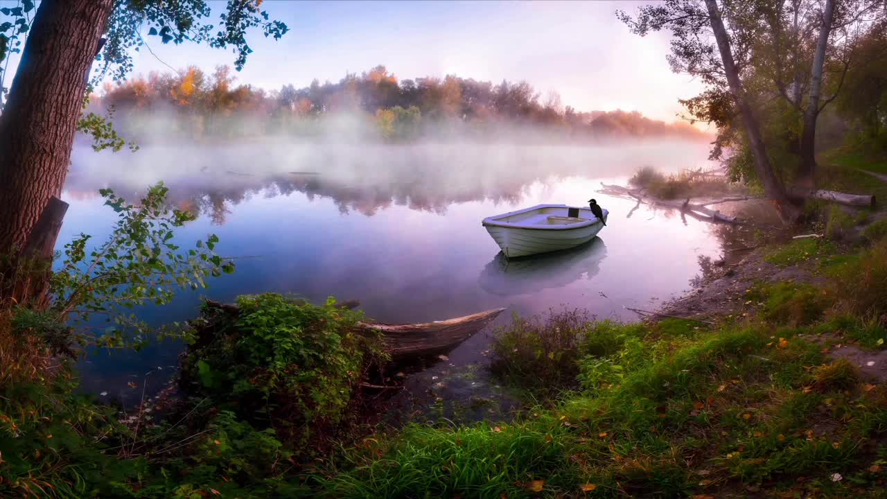 nature-river-boat-bird-fog-trees