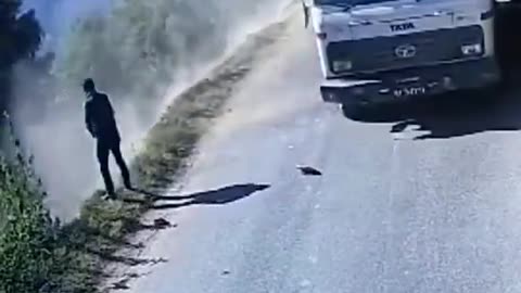 Truck Rolls Off Cliff To Avoid Hitting Dumb Guy