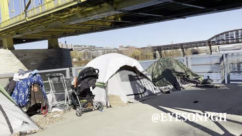 Homeless in Pittsburgh: String of Tents Along Three Rivers Heritage Trail Near Fort Duquesne Bridge