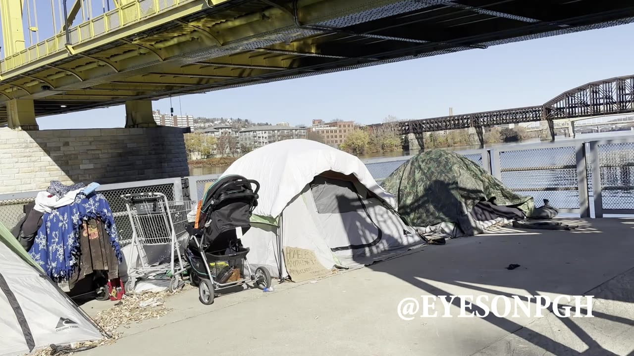 Homeless in Pittsburgh: String of Tents Along Three Rivers Heritage Trail Near Fort Duquesne Bridge