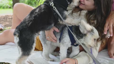A Woman Petting Her Dogs