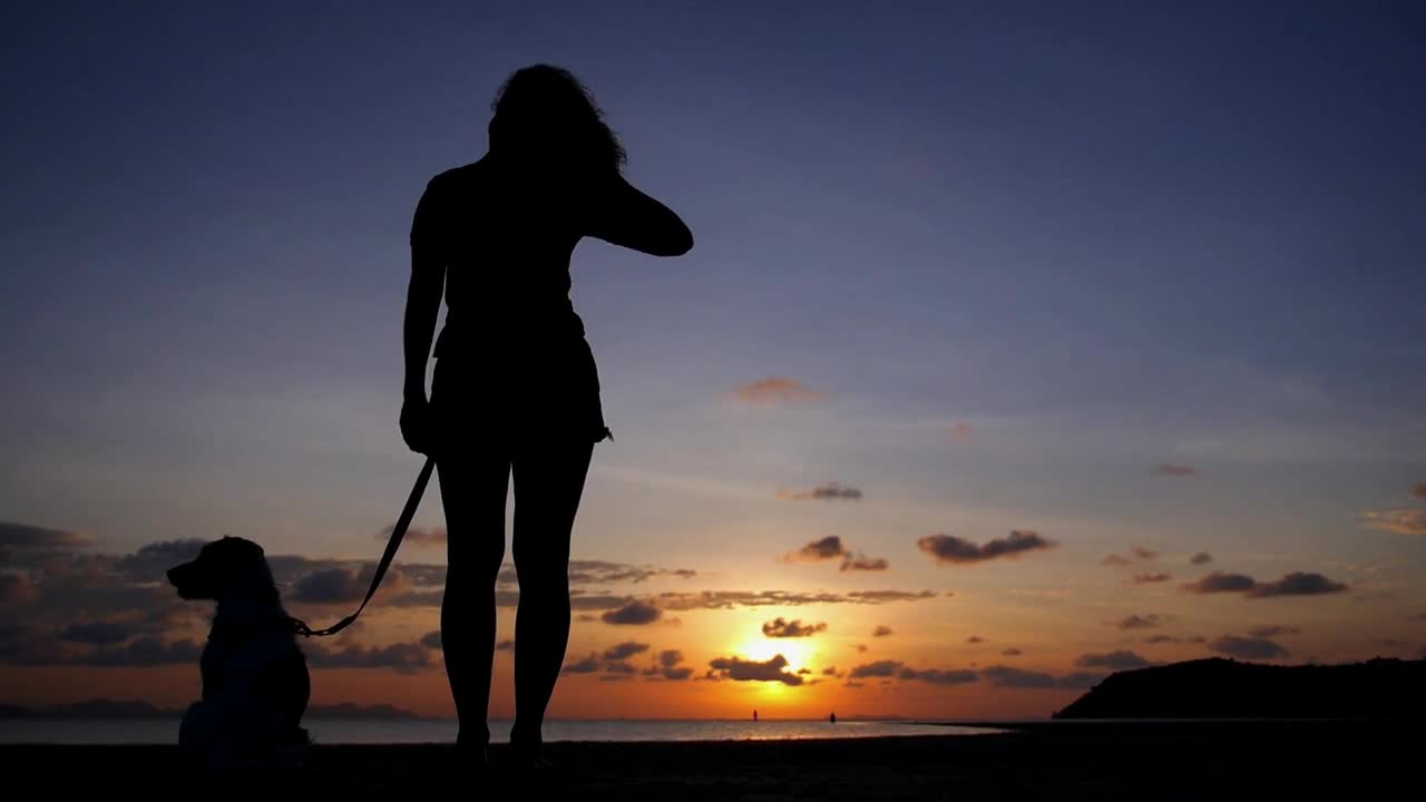 Silhouette of Young Woman with Dog at Sunset at Sea