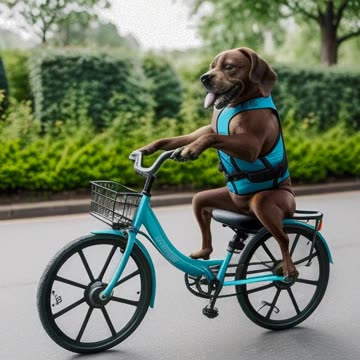 cat dog kids riding bike and a cow on the road on stable diffusion